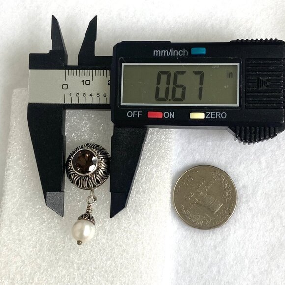 Sterling Silver 925 1.5" Signed Round Smoky Quartz & Pearl Dangle Drop Earrings - Picture 16 of 16